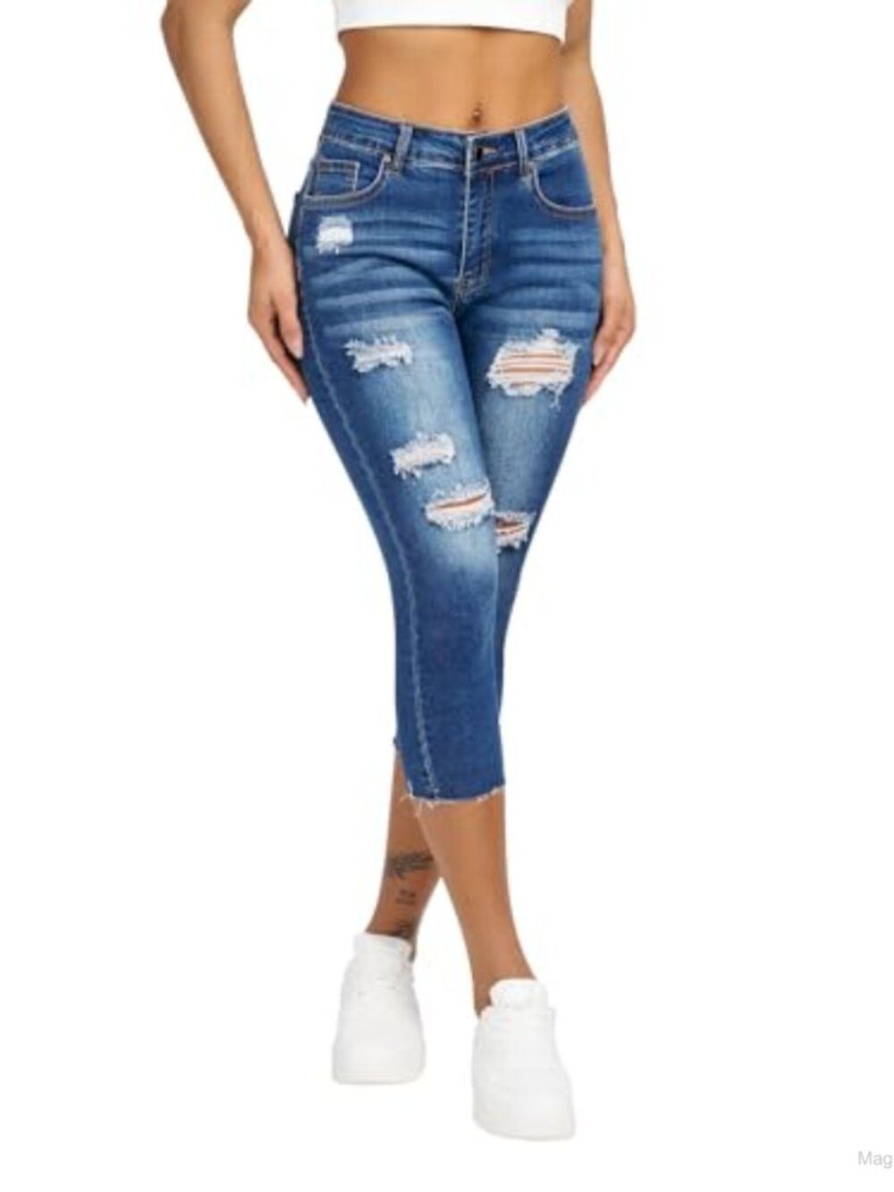 Women's Capri Jeans Ripped Stretch Denim Mid Rise Skinny Cropped Pants